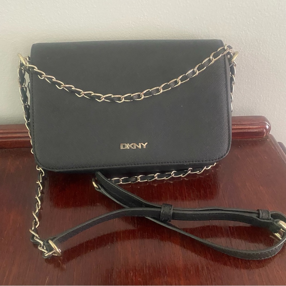 DKNY Black Leather Crossbody with Gold Chain Accent